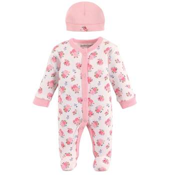 Luvable Friends Baby Girl Cotton Preemie Snap Sleep and Play and Cap 2pc Set, Floral, Preemie