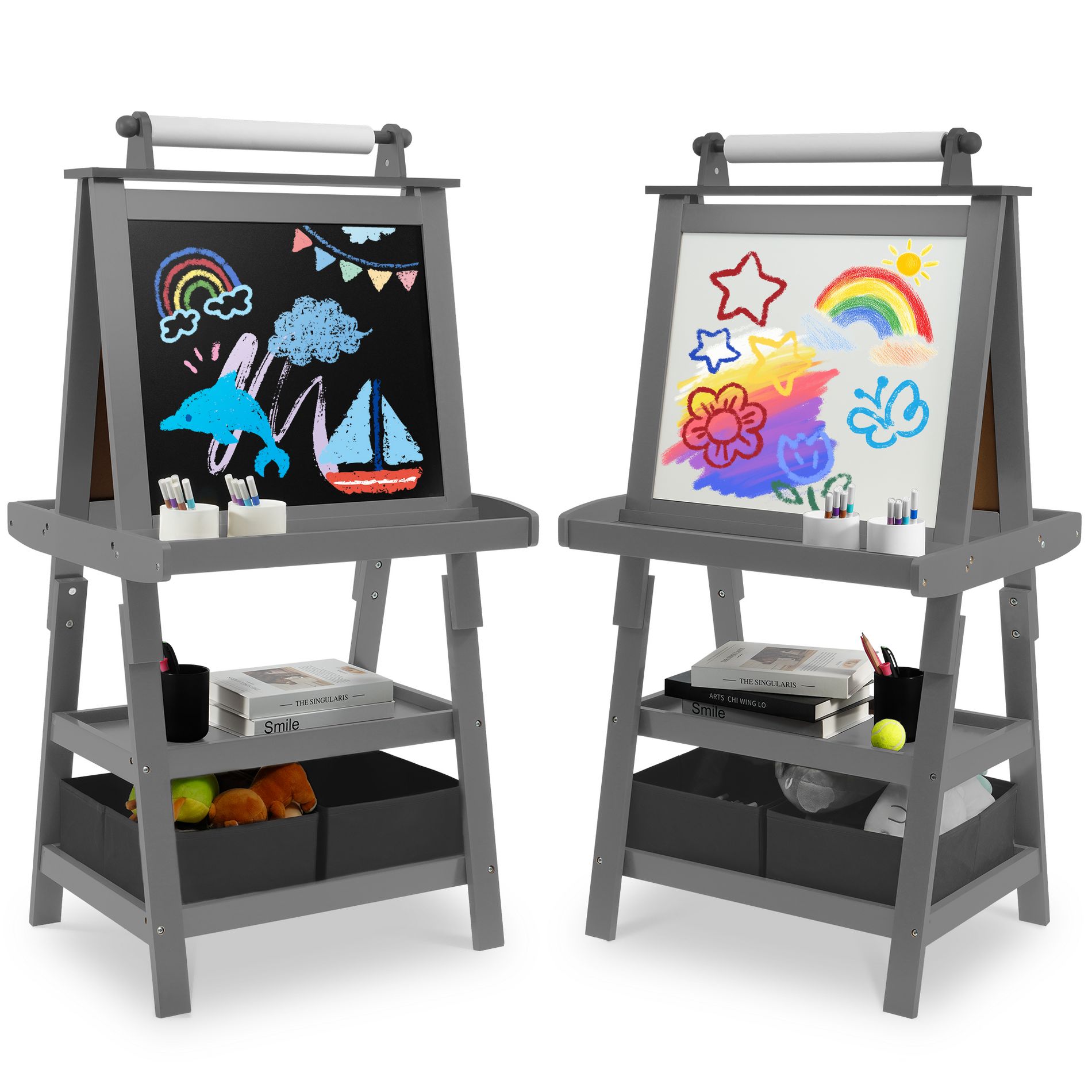 Gulches Children's Art Easel, Wooden Children's Easel 3 in 1 Adjustable Double Sided, Whiteboard, Chalkboard and Rolled Paper