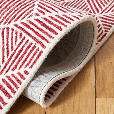 Ivory and Red Abstract Geometric Wool Area Rug, 5' x 8'