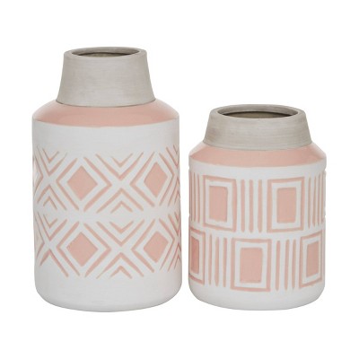 Set of 2 Round Geometric Textured Patterned Ceramic Vase Pink/White - Olivia & May