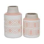 Set of 2 Round Geometric Textured Patterned Ceramic Vase Pink/White - Olivia & May