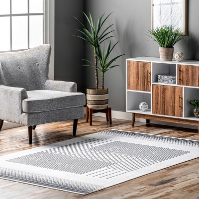 Gray Abstract Line Washable Synthetic Area Rug
