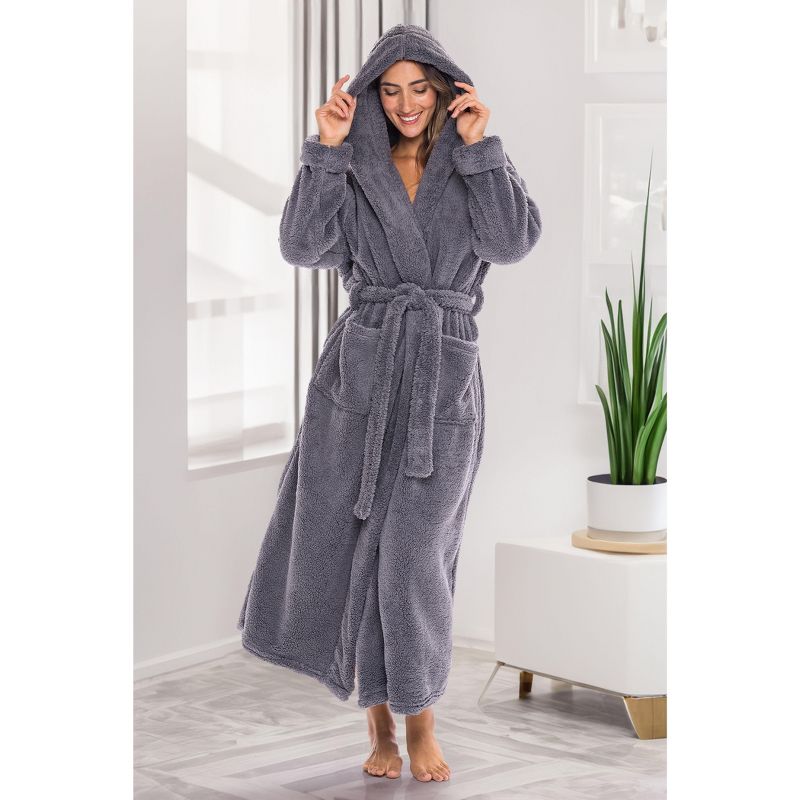 Women's Fuzzy Plush Fleece Bathrobe with Hood, Soft Warm Hooded Lounge Robe, 3 of 8