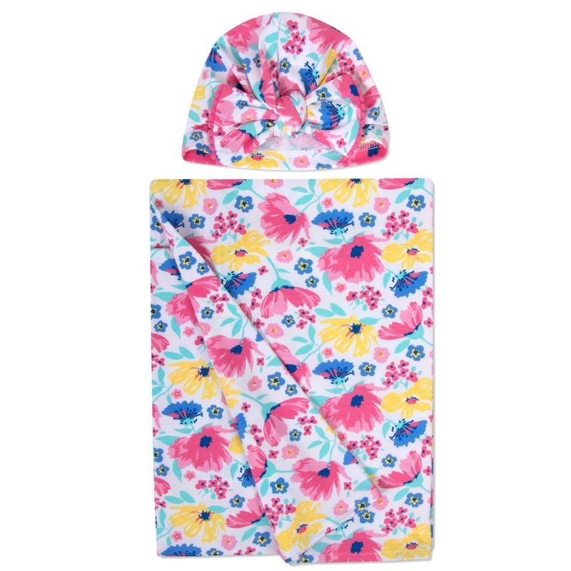 Baby Essentials Floral Swaddle Blanket and Turban Set, 1 of 4
