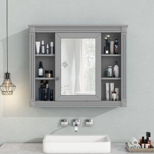 Vynxaria 35'' x 28'' Wall-Mounted Bathroom Storage Cabinet with Mirror and 6 Open Shelves - Modern Medicine Cabinet for Stylish Organization£¬Grey - 1 of 4