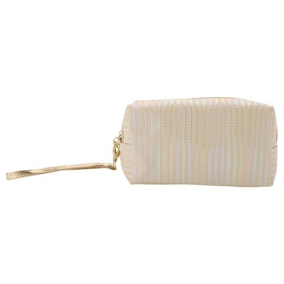 Unique Bargains Women's Solid Color Vertical Stripes Makeup Bag Beige 1 Pc