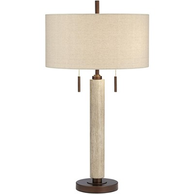 Franklin Iron Works Mid Century Farmhouse Table Lamp with USB Table Top Dimmer Bronze Metal Fabric Shade Living Room Bedroom House