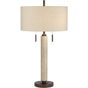 Franklin Iron Works Hugo Industrial Table Lamp 28 1/2" Tall Whitewashed Wood with USB Charging Port and Dimmer Oatmeal Fabric Shade for Bedroom House - 1 of 4