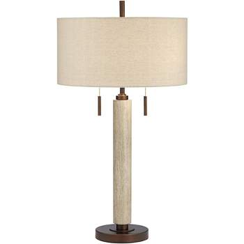 Franklin Iron Works Hugo Industrial Table Lamp 28 1/2" Tall Whitewashed Wood with USB Charging Port and Dimmer Oatmeal Fabric Shade for Bedroom House
