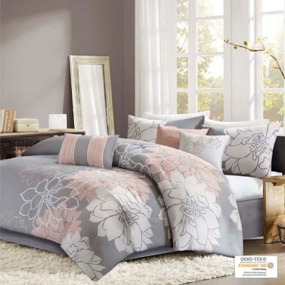 Sapphtopaz Printed Cotton Sateen Comforter Set – Oversized Floral Print Bedding with Bed Skirt, Shams & Decorative Pillows, 7-Peice Quilt Bedding Set