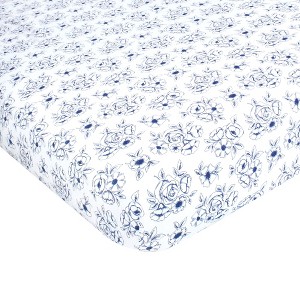Hudson Baby Infant Girl Cotton Fitted Crib Sheet, Blue Toile, One Size - 1 of 2