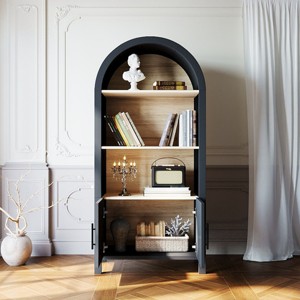 66" Tall Arched Bookcase with Storage Cabinet,3-Tier Mid-Century Modern Bookshelf, Bookcase With Natural Wood Shelves, Small Space Organizer-Baofuwish - 1 of 4