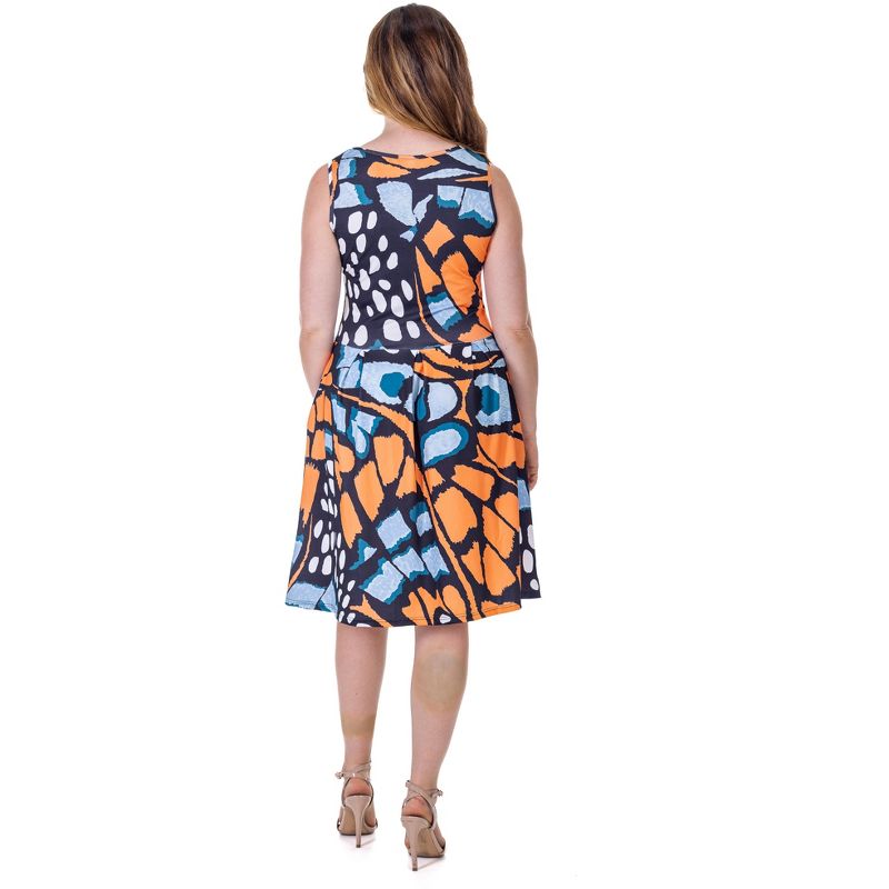 24seven Comfort Apparel Orange Butterfly Print Sleeveless Pleated Knee Length Pocket Dress, 3 of 9