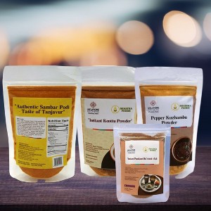 Mylapore Kitchen Mix Combo I - Authentic sambar podi -100g , Milagu Koozhambu podi -100g,Panakam mix 50g & Instant Kootu Powder-100g (PACK OF 4) - 1 of 4