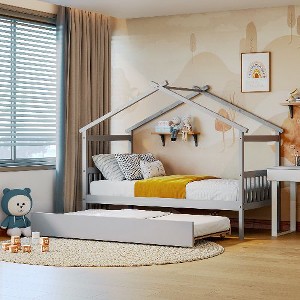 CAVINAS Twin Size Bed Frame, Wooden House Bed with Pull-Out Trundle, House-Shaped Bed for Kids, Teens, Girls, Boys - 1 of 4
