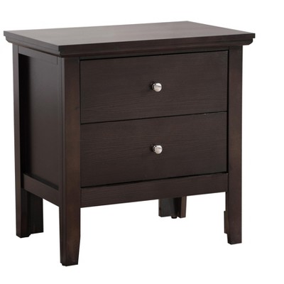 Espresso Solid Wood 2-Drawer Nightstand with Nickel Handles