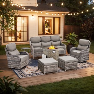 Buenhomino 7 Pieces Patio Furniture Sets with Fire Pit Table, Wicker High Back Outdoor Swivel Rocking Chairs Set with 3-Seat Couch, Ottomans and Table - 1 of 4