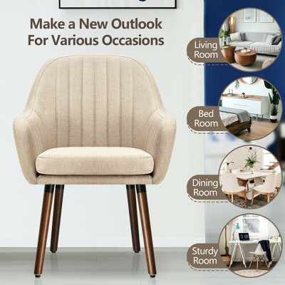 Beige Linen Upholstered Armchairs with Wooden Legs, Set of 4