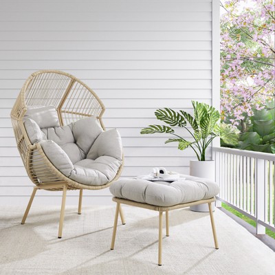 POCASSY Egg Chair Outdoor with Ottoman, Patio PE Wicker Rattan Egg Chair Lounge Basket Shape with Head Pillow