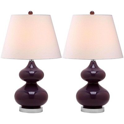 Eva Double Gourd Dark Purple Glass Table Lamp Set with Silver Accents