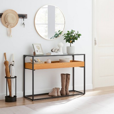 Golden Oak and Black Metal Console Table with Glass Top and Storage Shelf