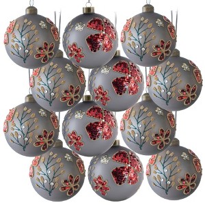 Gulches 3 in Multicolored Flower and grass patterns Shatterproof Glitter Painted Glass Christmas Ball Ornaments 12-Pack - 1 of 4