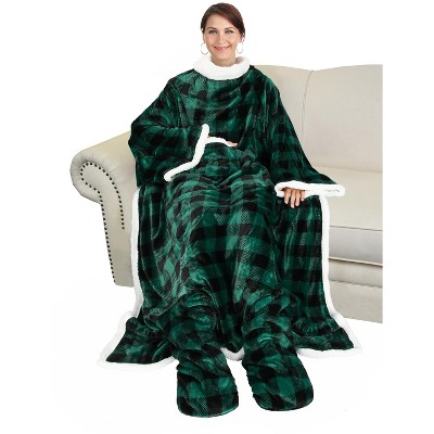 Catalonia Adult Fleece Wearable Blanket with Sleeves & Foot Pockets, Snuggle Wrap Sleeved Flannel Throw Blanket Robe, Warm Gifts Idea for Her Him