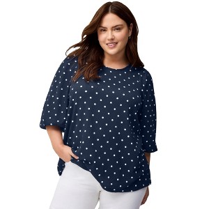ellos Women's Plus Size Textured Knit Blouson Sleeve Tee - 18/20, Navy White Dot - 1 of 4