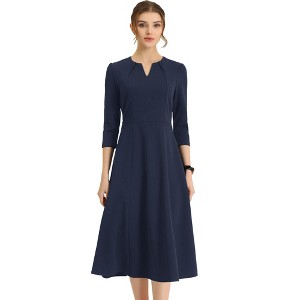 INSPIRE CHIC Women's Elegant Split Neck Side Zipper Pockets 3/4 Sleeve Work A-Line Dress - 1 of 4