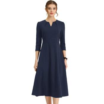 Allegra K Women's Elegant Split Neck Side Zipper Pockets 3/4 Sleeve Work A-Line Dress