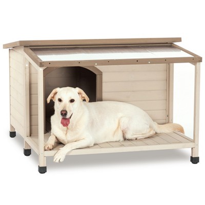 Wood Dog House Outside, Dog House with Open Roof and Terrace Durable Waterproof Dog House