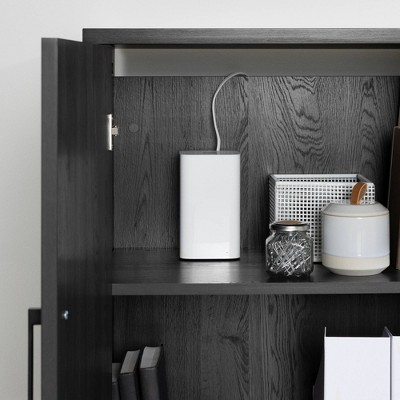 Gray Oak L-Shaped Corner Desk with USB Port and Filing Cabinet