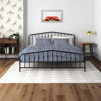 King-Sized Black Pine and Metal Upholstered Bed with Storage Drawer