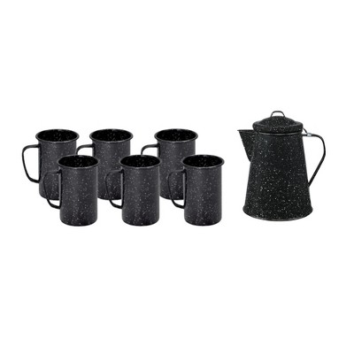 Granite Ware 20 oz Set of 6 Vintage Mug & 3-Quart Coffee Boiler, Ideal for Camping, Oven & Fire-Safe Enamel Mugs with Boiler Set - Speckled Black