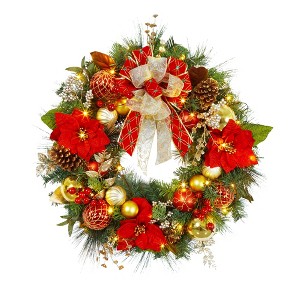30 Inch Christmas Wreath, Prelit Christmas Door Wreath with 40 LED Lights Christmas Balls Bow - 1 of 4