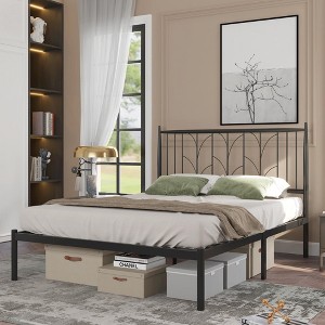 Black FULL Wheat-Ear Iron Bed Frame, Silent Rubber Lock Design, 12" Under-Bed Storage, Modern Simple Style - 1 of 4