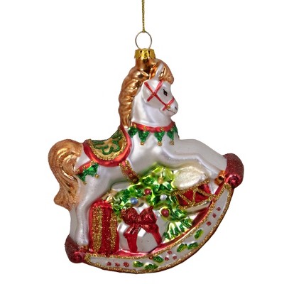 5" White and Red Glittered Rocking Horse Glass Ornament