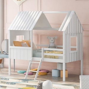 NicBex Twin Size Loft Bed House Shape Pine Low Bed Frame with Roof, Windows, Inclined Ladder and Guardrail, No Box Spring Required - 1 of 4
