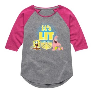 SpongeBob SquarePants It's Lit Hanukkah  - Athletic Heather/Fuchsia - 3T - 1 of 4