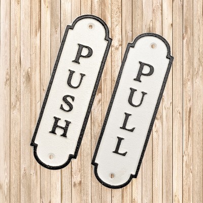 White and Black Cast Iron Push Pull Door Signs Set