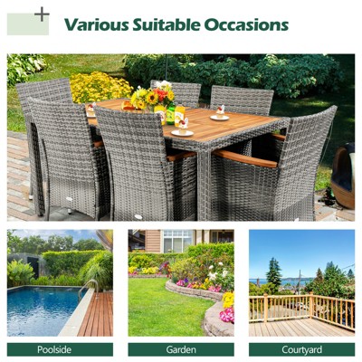 Gray and Beige 6-Person Rattan Dining Set with Acacia Wood Table