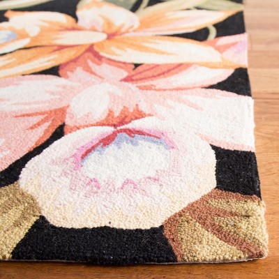 Handmade Black Floral Wool Hooked Area Rug