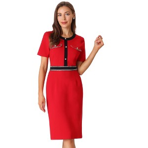 Hobemty Women's Round Neck Short Sleeve Contrast Color Elegant Sheath Pencil Dresses - 1 of 4