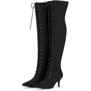 Allegra K Women's Pointed Toe Lace Up Stiletto Heel Over the Knee High Boots - 1 of 4