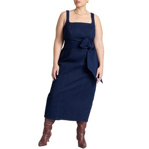 ELOQUII Women's Plus Size Tie Detail Denim Midi Dress - 1 of 4