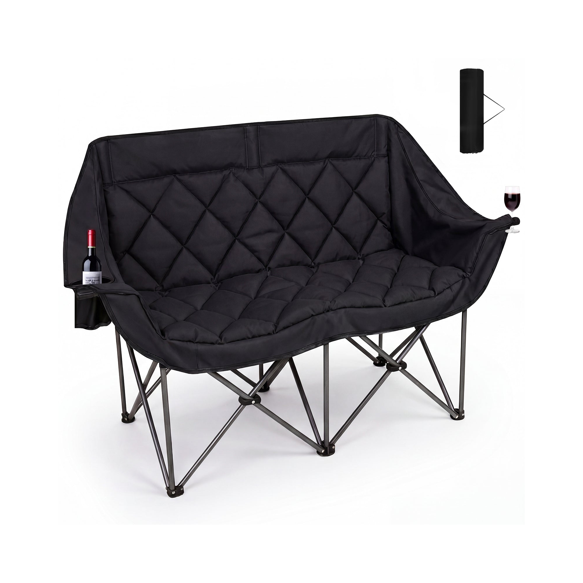 SUNSPIRE Double Oversized Camping Chair Folding Loveseat Padded Camping Couch with Cup Holder for Outdoor Beach Sports Fishing Black