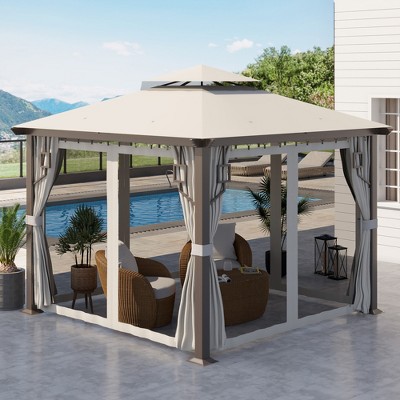 Cream White 10' x 10' Aluminum Frame Patio Gazebo with Netting and Curtains