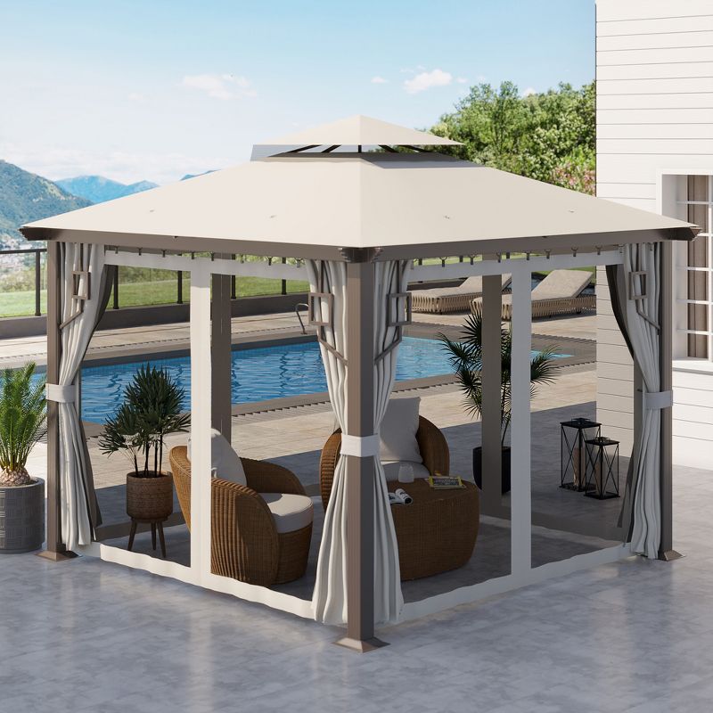 Outsunny 10' x 10' Patio Gazebo Outdoor Canopy Shelter with Aluminum Frame, Double Tier Roof, Netting and Curtains for Garden, Lawn, Cream White, 3 of 7