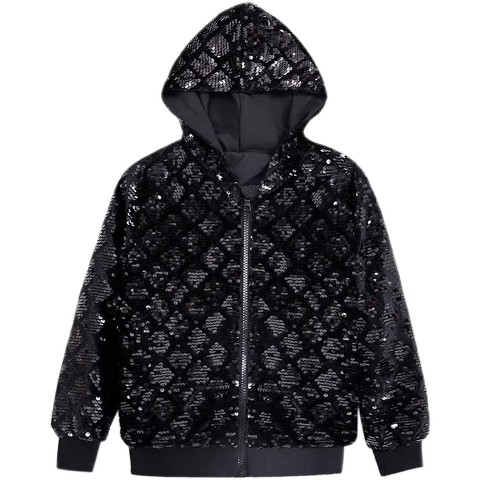 Lars Amadeus Men's Long Sleeves Shiny Metallic Sequins Argyle Printed Hooded Jacket Black X Large