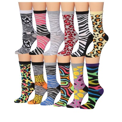 Tipi Toe Women's 12 Pairs Colorful Lightweight Leopard Zebra Cheetah Striped Patterned Crew Socks